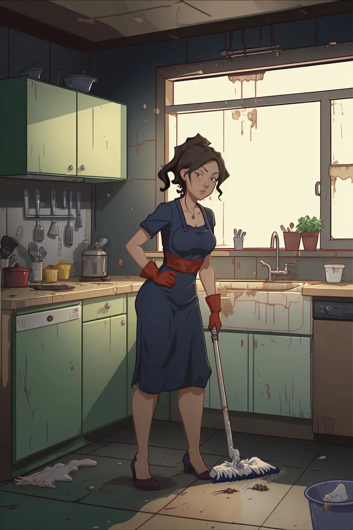woman cleaning up in a dirty kitchen
, in the style of lslwd, <lora:lslwd:1>