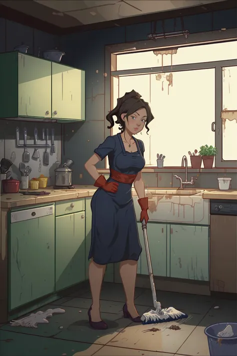 woman cleaning up in a dirty kitchen
, in the style of lslwd,  <lora:lslwd:1>