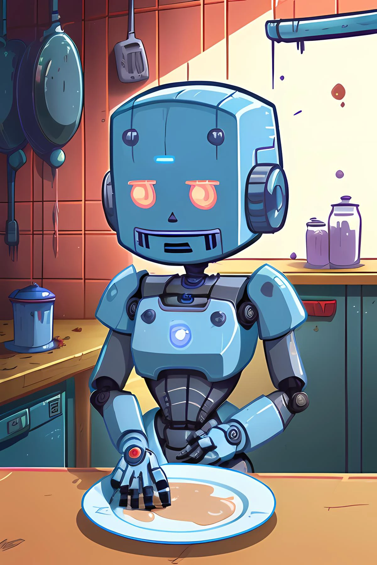 cute robot in a dirty kitchen, cleaning plates
, in the style of lslwd, <lora:lslwd:1>