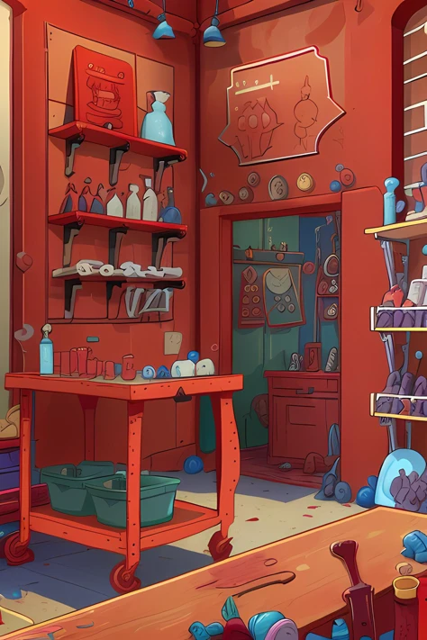messy shop for adult toys, full counter, stuff everywhere, multiple shelves on the wall all filled with products, red walls
<lora:lslwd:1> in the style of lslwd