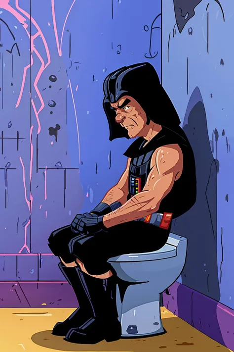 cartoon version of Darth Vader sitting on the toilet in a public bathroom, comic, side view,  holding the toilet with both hands, painful expression, dirty, gritty, graffiti on wall, digital art, <lora:lslwd:1>  in the style of lslwd