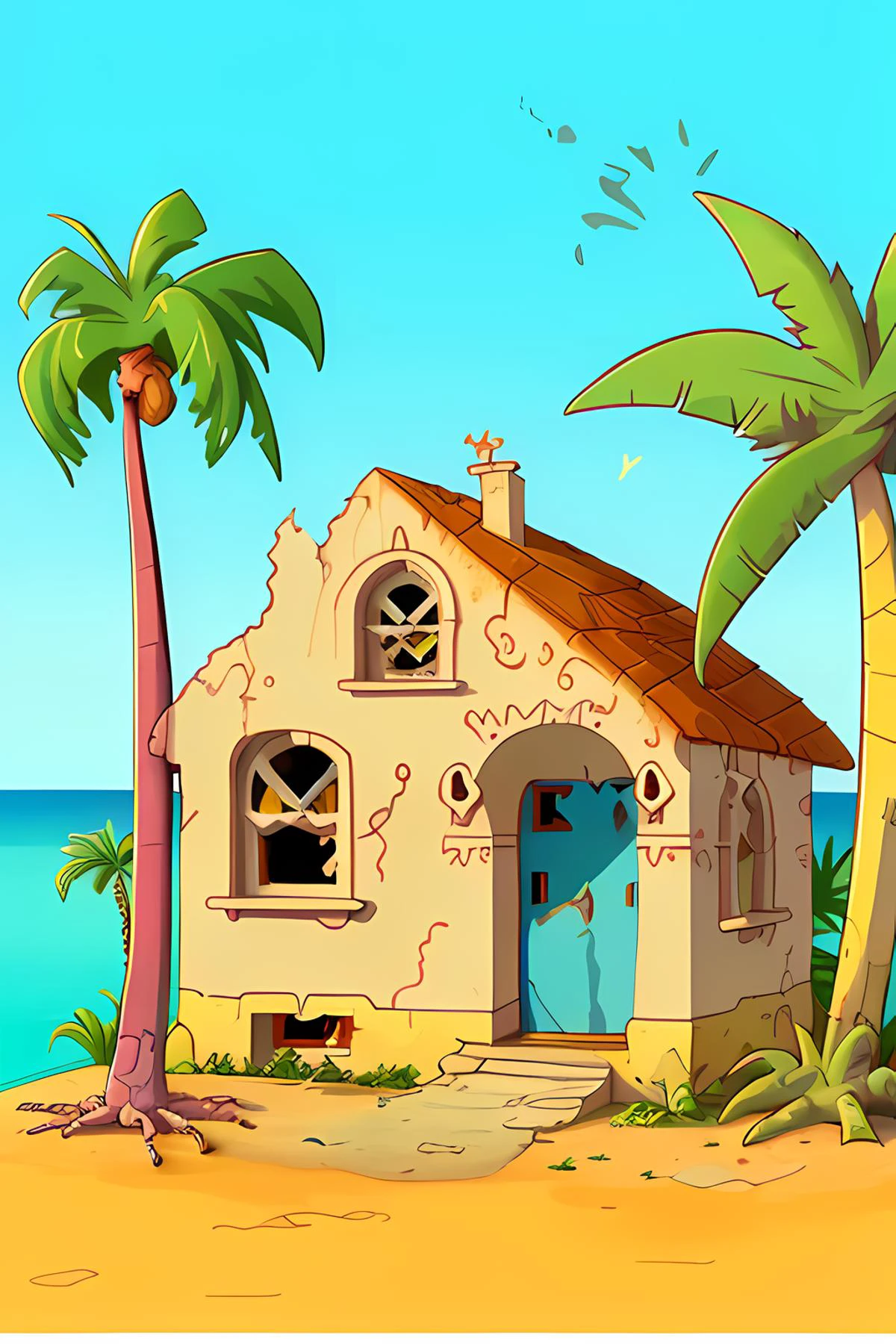 sunny location, slightly crooked house with broken paint, gecko on the wall, palm trees,
<lora:lslwd:1> in the style of lslwd