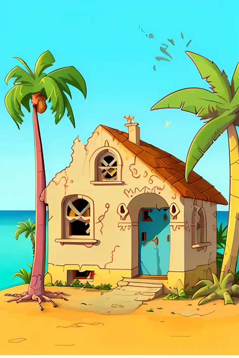 sunny location, slightly crooked house with broken paint, gecko on the wall, palm trees,
 <lora:lslwd:1>  in the style of lslwd