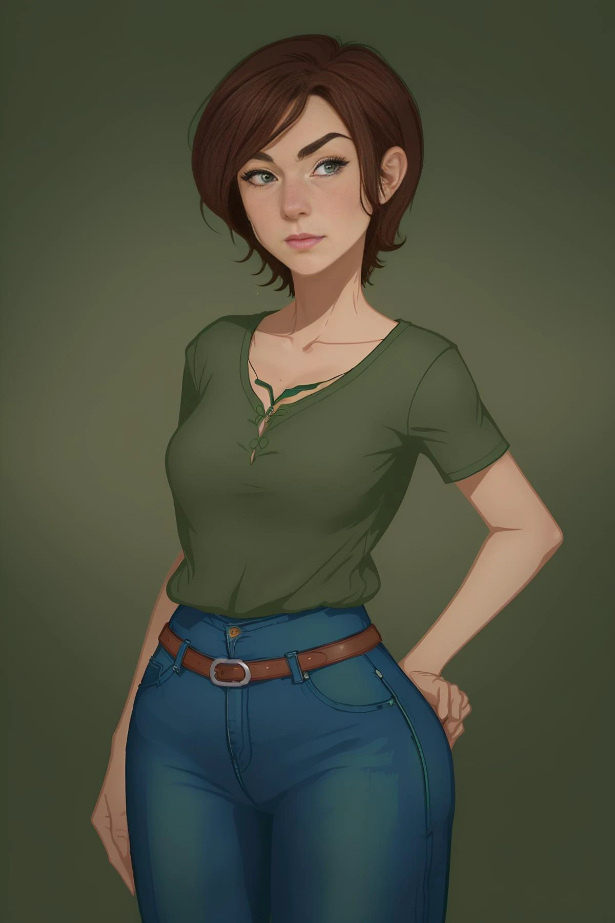 older woman, (brown hair), (green shirt), blue jeans, standing, upper body, very short hair
, in the style of lslwd, <lora:lslwd:1>