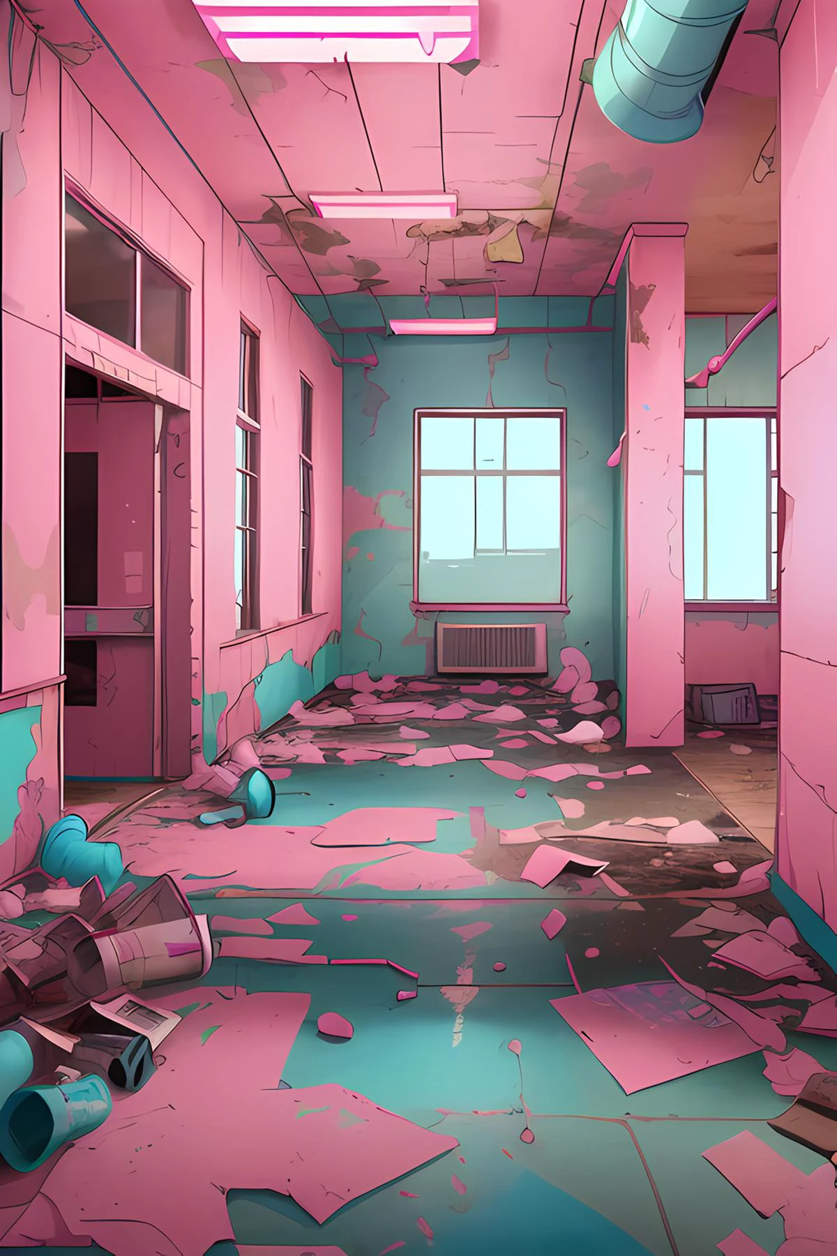 old office building, trash everywhere, broken windows, pink ceiling, multiple lights, pipes, broken bottles, faded blue paint
<lora:lslwd:1> in the style of lslwd