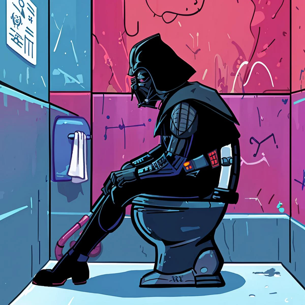 cartoon version of Darth Vader sitting on the toilet in a public bathroom, comic, side view, holding the toilet with both hands, painful expression, dirty, gritty, graffiti on wall, digital art, <lora:lslwd:1> in the style of lslwd