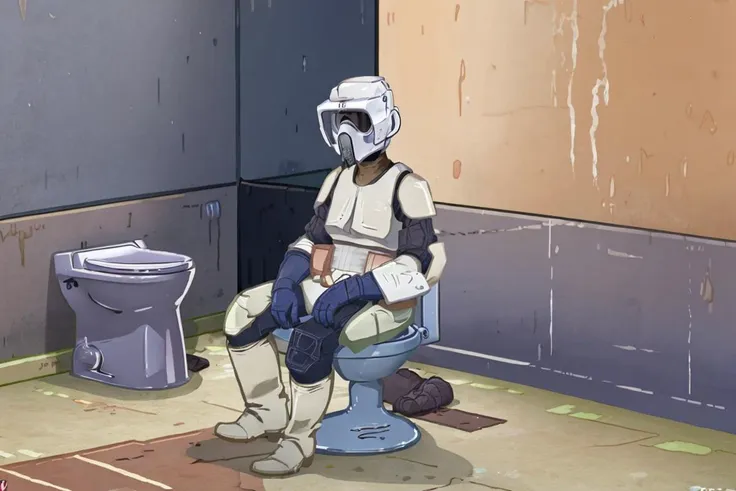 scouttrooper suit, helmet, mask, man sitting on the toilet, public toilet, dirty walls, dity floor,
hightly detailed, realistic, 8k,
 <lora:Sctrooperv01:0.9>, <lora:lslwd:1>  in the style of lslwd