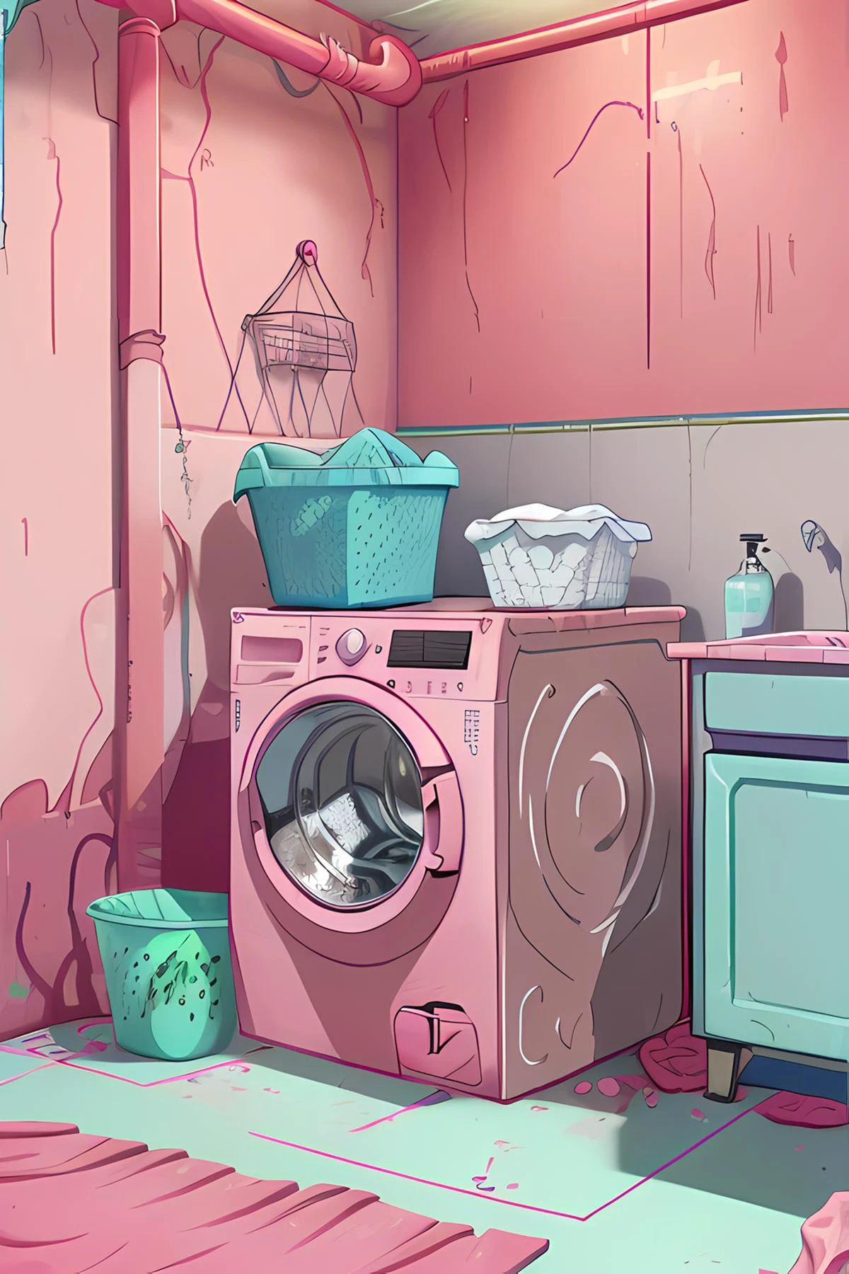 washing machine in the basement, dirty laundry, baskets, dirt, pink walls
, in the style of lslwd, <lora:lslwd:1>