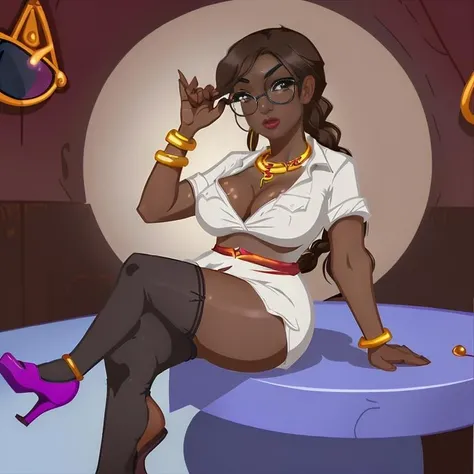curvy indian woman sitting on a blue table with a pair of glasses on her face and a pair of red shoes on her feet, 1girl, solo, long hair, breasts, skirt, large breasts, brown hair, shirt, thighhighs, cleavage, jewelry, sitting, full body, white shirt, braid, glasses, dark skin, necklace, black eyes, high heels, bracelet, dark-skinned female, lips, makeup, crossed legs, lipstick, round eyewear, adjusting eyewear, bangle, very dark skin
, in the style of lslwd, <lora:lslwd:1>