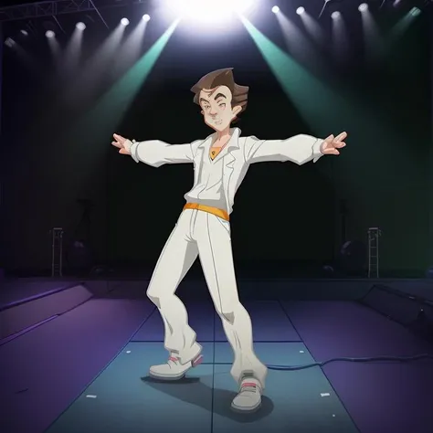 a cartoon character in a white leisure suit is standing on a stage with a strong spotlight on him
, in the style of lslwd, <lora:lslwd:1>
