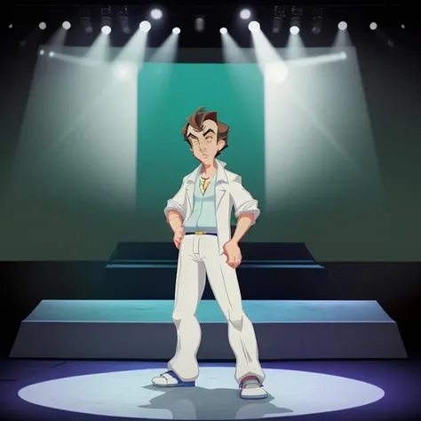 a cartoon character in a white leisure suit is standing on a stage with a strong spotlight on him
, in the style of lslwd, <lora:lslwd:1>