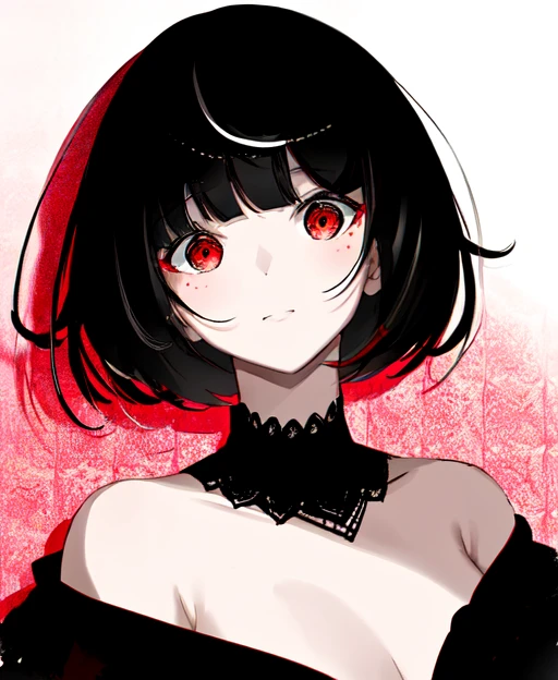 1girl, short hair, black hair, red eyes, blunt bangs, in the style of <lora:bv-style-v1:0.7>