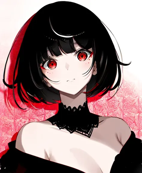 1girl, short hair, black hair, red eyes, blunt bangs, in the style of   <lora:bv-style-v1:0.7>