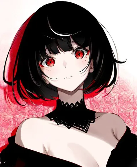 1girl, short hair, black hair, red eyes, blunt bangs, in the style of <lora:bv-style-v1:0.7>