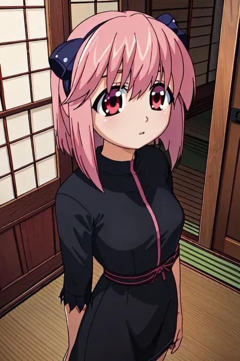 <lora:ElfenLiedV6:1>, (Lucy:1.2), red eyes, (long pink hair), small breasts, (black dress), pretty face, super detailed eyes, fit, athletic, high detail skin, (((full-body shot))), dynamic angle and distance: 1.6, intricately detailed hair, inside traditional Japanese home,