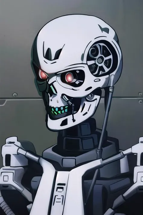 <lora:Character T800Terminator T800Endoskeleton, robot with a metal skull face, chrome metal body, holding a gun v10:1.0>
T800Endoskeleton robot with red eyes and metal skull face and chrome metal body, eyes looking towards camera, dark background, close-up, upper body
<lora:Style Bastardani v10:0.8>