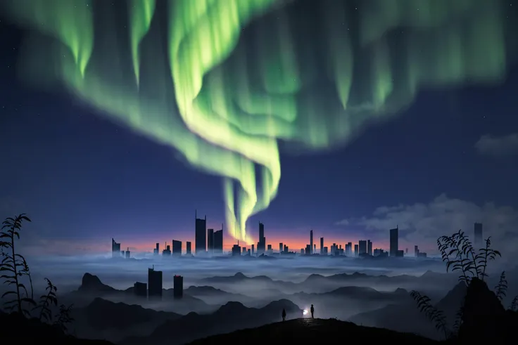 an alien landscape by HR Giger, night sky with aurora, insane high skyscrapers, weird plants, fog mist bokeh, photorealistic