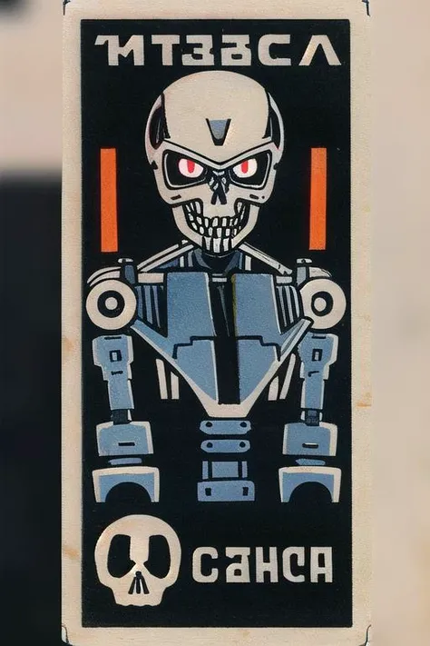 <lora:Character T800Terminator T800Endoskeleton, robot with a metal skull face, chrome metal body, holding a gun v10:0.8>
T800Endoskeleton robot with red eyes and metal skull face and chrome metal body, eyes looking towards camera, dark background, close-up, upper body
<lora:Concept SovietMatchboxCover soviet_matchbox_art, stamp, halftone v10:1> soviet_matchbox_art, stamp, halftone