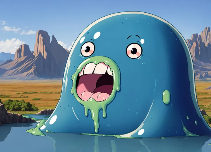 kawaii slime in an alien landscape by HR Giger