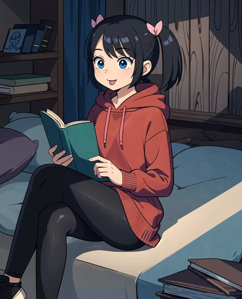 (grainy:0.5),girl,(black leggings:1.2),sitting, reading book, (red soft big hoodie:1.1),messy medium twintail,buttefly hairpin,(:P:1.3), soft skin, expensive clothing, cel shaded, perfect anatomy, finely detailed, masterpiece, Cinematic lighting,