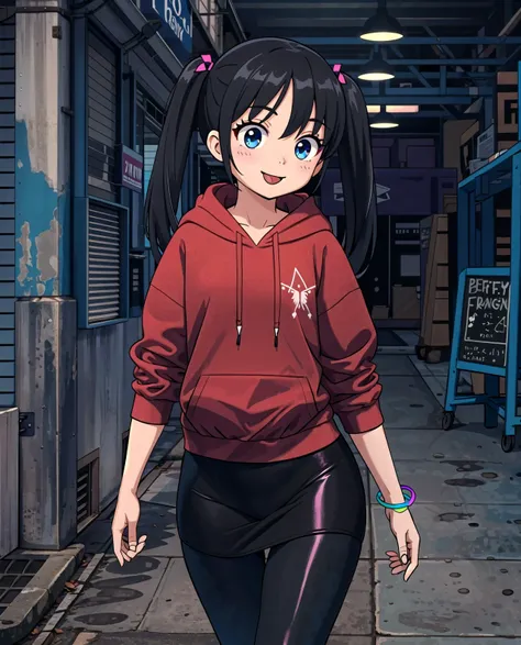 (grainy:0.5),girl,(black leggings:1.2),skirt, (red soft big hoodie:1.1),messy medium twintail,buttefly hairpin,(:P:1.3), soft skin, expensive clothing, cel shaded, perfect anatomy, finely detailed, masterpiece, Cinematic lighting,