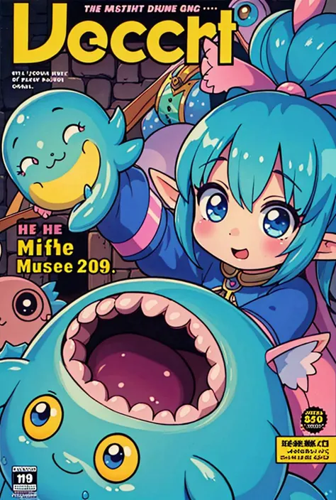 high quality, masterpiece, 1990s gaming magazine cover, kawaii elf girl knight in the dungeon of slime monsters, pastel colors