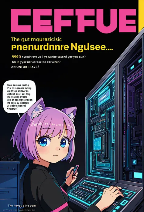 high quality, masterpiece, 1990s electronics magazine cover, kawaii catgirl hacking mainframe in the darkness, (spoken question:1.15)