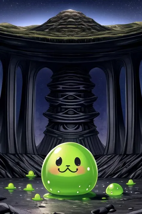 kawaii slime in an alien landscape by HR Giger