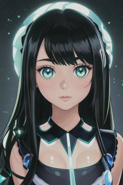 (masterpiece), realistic, (portrait of a girl), beautiful face, sunlight, cinematic light, bangs, a beautiful woman, beautiful eyes, black hair, perfect anatomy, very cute, princess eyes , (green eyes) , (frame the head), Centered image, stylized, bioluminescence, 8 life size,8k Resolution, white low-cut dress with small blue details, human hands, wonder full, elegant, approaching perfection, dynamic, highly detailed, character sheet, concept art, smooth, facing directly at the viewer positioned so that their body is symmetrical and balanced, stunningly beautiful teenage girl, detailed hairstyle,