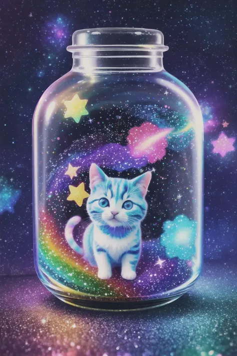 galaxy environment, Capturing A whimsical, a small kitty, winter spring wind rainbow a sprinkle of edible glitter in an unopenable dream magical jar, trippy, 8k, vivid, ultra detalis, colorfull lighting, surreal photography, portrait,