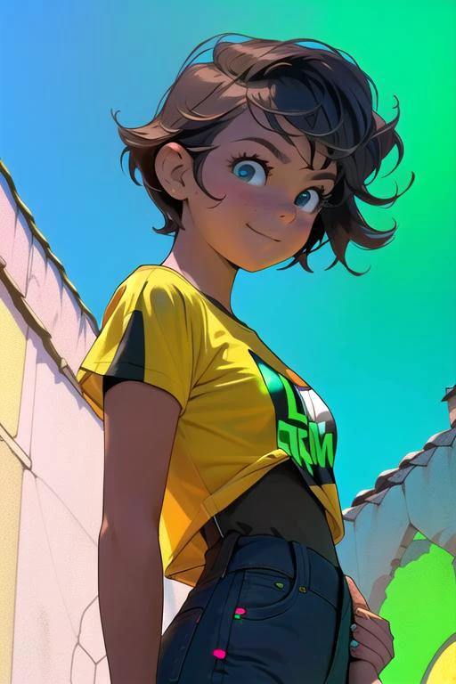 (best quality:1.0), portrait, woman, 1girl, solo, young 1girl, stunningly attractive, perfect feminine face, (cute:1.2), silver short wavy hair, medium breasts, stained glass background, highres, dynamic angle, (cinematic lighting:1.2), cowboy shot, upper body, (yellow t-shirt OR lime green t-shirt OR red t-shirt OR green t-shirt OR blue t-shirt OR orange t-shirt OR purple t-shirt OR black t-shirt OR white t-shirt OR teal t-shirt OR maroon t-shirt OR pink t-shirt:1.2), face focus, centered
happy, playful
<lora:Style NijiexpressiveV1 v10:0.9>