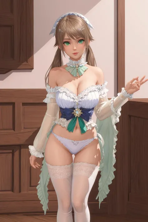 masterpiece, best quality, big breasts, white thighhighs, green eyes, <lora:doaxvv_amy_v1-000018:0.6>
