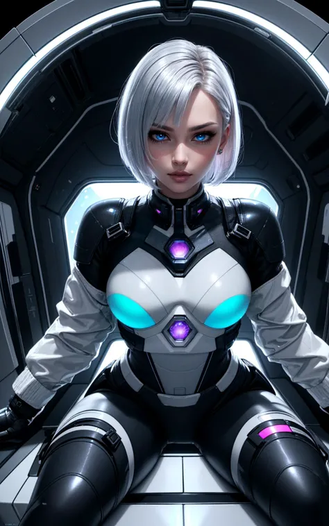 ([style of Frank Hong:style of Zac Retz:0.5]:1.5),(isometric 3d render soft lighting, style of Ilya Kuvshino, [OverallDetail:HairDetail fHandDetail SkinDetail :0.7]:1.3),  (beautiful busty skinny british woman sitting in spaceship cockpit looking over shoulder at viewer:1.2), (cute face, over the shoulder:1.1), ( still:1.1), side view, (spaceship cockpit:1.1), glowing holographic instruments, (beautiful face:1.11), from behind, smart fabric flightsuit:1.1, lightweight structured jacket with sharp geometric lines, utility belt, kneehigh boots, fingerless gloves, (large spaceship cockpit with highly polished flooring and stellar view), backlit hair, perfect face, feminine physique, (pale freckles:0.6), (black and silver accents), perfect eyes, low key, joystick++, thin pouting lips, (white++ bob hair, ombre tips:1.2), wide set soft+ turquoise++ eyes, skin pores, (small retrousse nose:1.2), (pale skin), supernova, dramatic angle, eyelid shimmer makeup, silver eyeshadow, iridescent cheekbones, muted rose lips, deep space blue, (available light:0.7), BREAK, starlight silver, nebula pink, black hole black, planetary rings, asteroid clusters, geometric shapes, angular contours, Holographic control panels, chiaroscuro effects, reflective surfaces, starfilled skies, distant galaxies, shimmering surfaces, iridescent scifi materials, clean lines, modernistic details