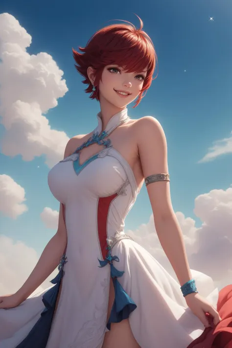 masterpiece, best quality, hinoka, wrenchfaeflare, bare shoulders, sparkle, dress, blue sky, clouds, cowboy shot, looking at viewer, smile<lora:hinoka-nvwls-v1-final:0.9> <lora:wrenchfaeflare:0.9>