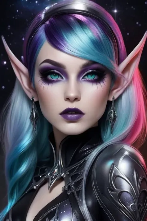 metallic (gothic elf girl: 1.3), eyeliner, makeup, tattoos, multicolored hair, detailed background, nebula, intricate details, masterpiece, (perfect face: 1.2) <lora:EnvyMetallicXL01:8>