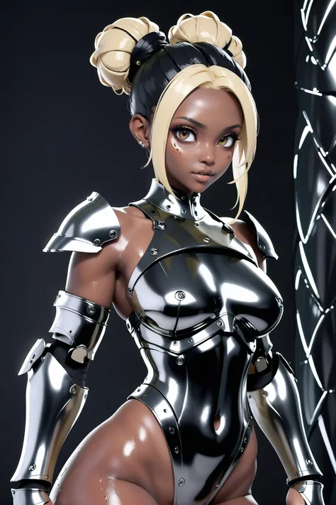 metallic, 1girl, woman, stoic jungle barbarian warrior, toned, (armor:1.3), (warpaint:1), black hair, Messy Bun,bombshell hair, spread arms, bombshell hair, blonde hair, Coiffed Waves, toned hourglass figure, (dark skin:1.3)<lora:EnvyMetallicXL01a:10>