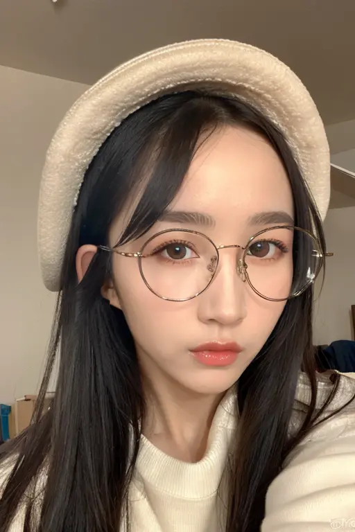 <lora:zhangyi:1>,masterpiece, best quality, 1girl,((photorealistic:1.4)),best quality ,masterpiece, illustration, an extremely delicate and beautiful, extremely detailed ,CG ,unity ,8k wallpaper, Amazing, finely detail, masterpiece,best quality,official art,extremely detailed CG unity 8k wallpaper,absurdres, incredibly absurdres, huge filesize, ultra-detailed, highres, extremely detailed,beautiful detailed girl, extremely detailed eyes and face, beautiful detailed eyes,light on face,cinematic lighting,
1girl,solo, glasses, black hair, hat, long hair, lips, looking at viewer, brown eyes, round eyewear, portrait, v, sweater, realistic, white sweater, sleeves past wrists