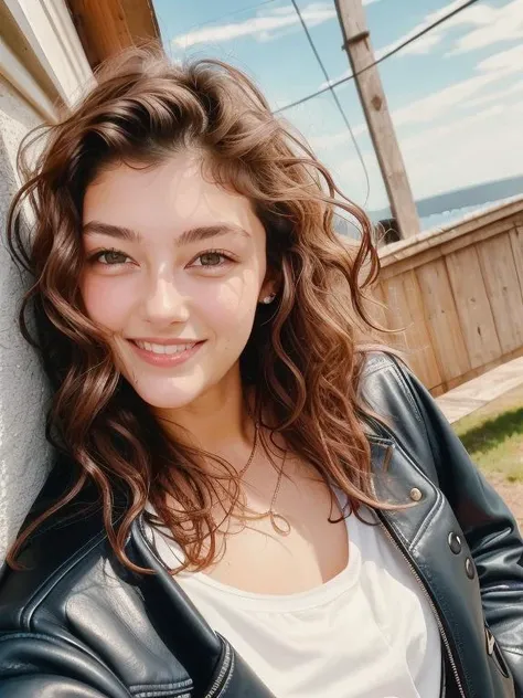 RAW photo, masterpice, a close up of a young women <lora:DanielleNJ v1.0:1> wearing a jacket, smiling at camera, set photo, country style, wavy hair, smartphone photo, very very very very beautiful, in sunny weather, leather clothes, tousled medium length hair, flipped out hair, parted hair