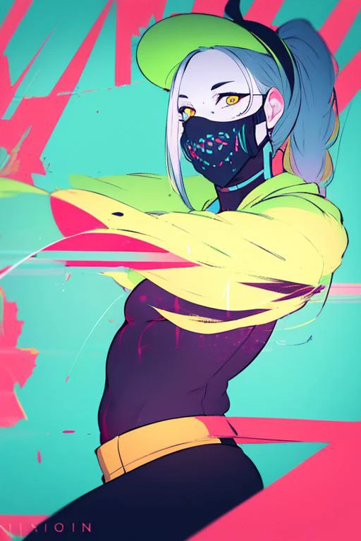 <lora:KoyоrinStyle:1>, (best quality, ), (masterpiece), (absurdres), 1girl, yellow eyes, black sclera, blonde hair, bob cut, ponytail, long hair, braid, t-shirt, transparent shirt, bomber jacket, open jacket, green jacket, cap, cyberpunk mask, mouth mask, red mask, jacket, horns, hood, white socks, shorts, cyberpunk, dynamic pose, simple background, flat color, teal backround, white background, looking down, makeup, neon colors, neon lights, neon palette, shade, smile, techwear, skinny, small brest, slim frame