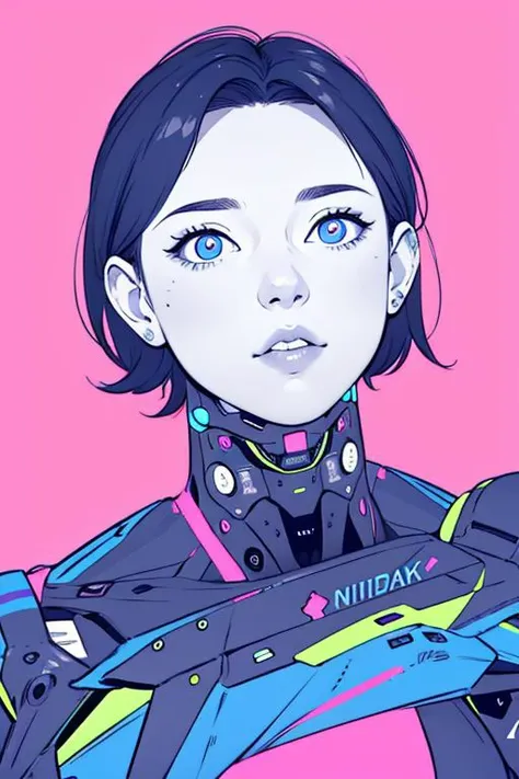 <lora:KoyоrinCyberpunkV2:1>, ., (best quality, ), (masterpiece), (absurdres), 1girl, short_hair, flat color, portrait, cyberpunk, cyborg, neon colors, neon palette, simple background, white background, pink background