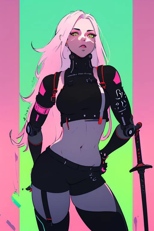 <lora:KoyоrinStyle:1>, (best quality, ), (masterpiece), (absurdres), 1girl, white hair, long hair, yellow eyes, crop top, shorts, flat color, gradient light, red light, cyberpunk, cyborg, dynamic pose, neon colors, neon palette, standing, sword, techwear, detailed background, pink background, green background