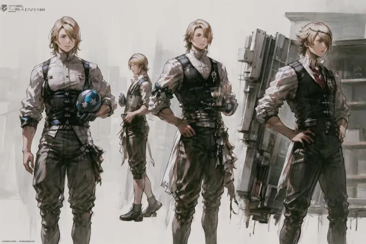 <lora:ff16style:0.9>, concept art, beautiful, masterpiece, best quality, Kazuya Takahashi, white background, charturnerv2, a character turnaround of a handsome young boy wearing t-shirt, multiple views of the same character in the same outfit,blonde hair