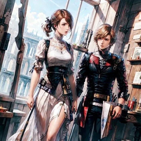 masterpiece, best quality,  <lora:ff16style-000003:0.8>, 1 boy, 1 girl, battlefield,ff16