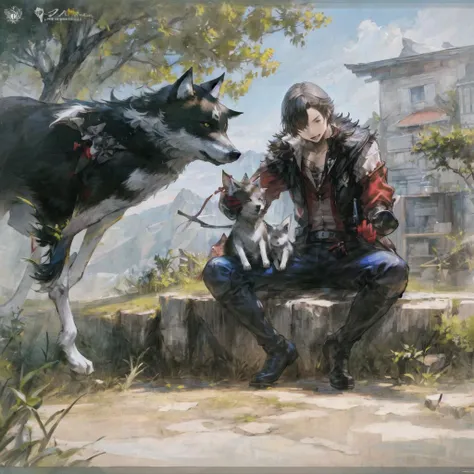 <lora:ff16style:0.9>, 1 boy,masterpiece, petting the wolf,best quality,Kazuya Takahashi, concept art,