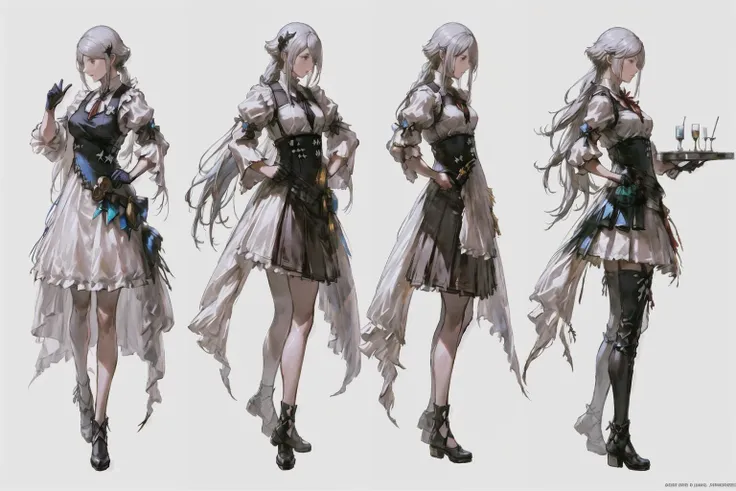 <lora:ff16style:0.9>, concept art, beautiful, masterpiece, best quality, Kazuya Takahashi, white background,  charturnerv2, a character turnaround of a girl wearing magic robe, multiple views of the same character in the same outfit