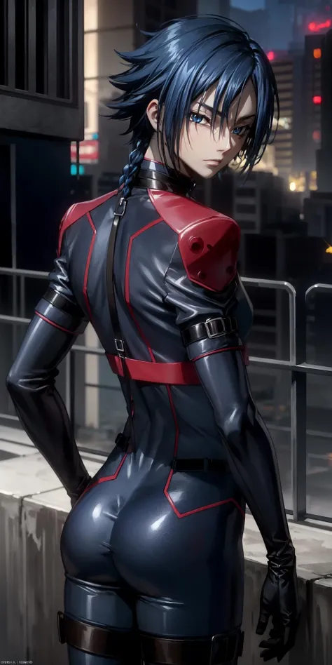 from behind, upper body, ultra detailed, highres, high-resolution, 8k, 8k portrait, unity 8k wallpaper, extremely detailed unity 8k wallpaper, realistic, RAW photo, real person, portrait photography, photorealistic, shiny skin, detailed skin, hyuuga akito\(akito the exiled\), solo, 1boy, male focus, blue hair, blue eyes, bodysuit, pilot suit, black gloves, thigh boots, <lora:Hyuuga_Akito_No_commercial_use_is_allowed_LoRA:0.75>