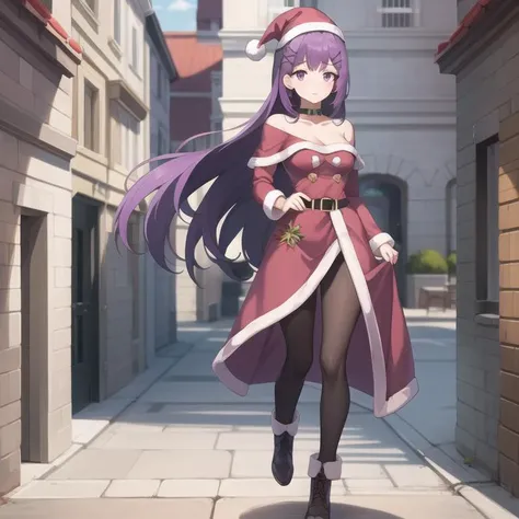 icm-arcena, santa costume, purple hair, bangs, x hair ornament, long hair, purple eyes, collarbone, medium breasts, full body, solo, 1girl, highres, high quality, masterpiece, many details, outdoors <lora:icm-arcena-000003:0.5>