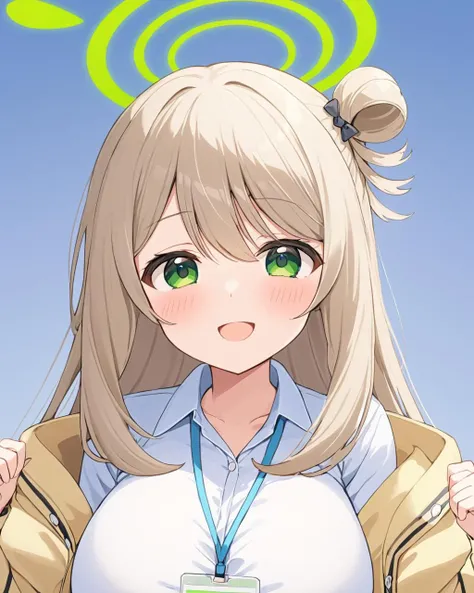 nonomi \(blue archive\),1girl, halo, solo, id_card, large_breasts, spoken_heart, blush, plaid_skirt, single_hair_bun, cropped_legs, yellow_jacket, white_shirt, looking_at_viewer, smile, simple_background, open_mouth, school_uniform
<lora:nonomi_(blue_archive)_image1897_2023-11-28:1>halo. gorgeous,key visual, vibrant, studio anime,award-winning, professional, highly detailed,high budget, cinemascope
