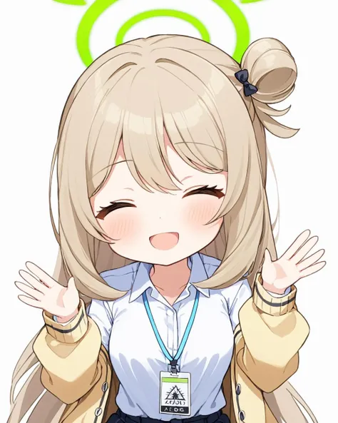 nonomi \(blue archive\),1girl, solo, one_eye_closed, halo, white_background, simple_background, smile, chibi, white_shirt, black_bow, hair_bow, hand_up, lanyard, ;d, single_hair_bun, signature, open_mouth, long_sleeves, yellow_jacket, upper_body, blush_stickers, collared_shirt, id_card, looking_at_viewer, waving, open_jacket
<lora:nonomi_(blue_archive)_image1897_2023-11-28:1>halo. gorgeous,key visual, vibrant, studio anime,award-winning, professional, highly detailed,high budget, cinemascope