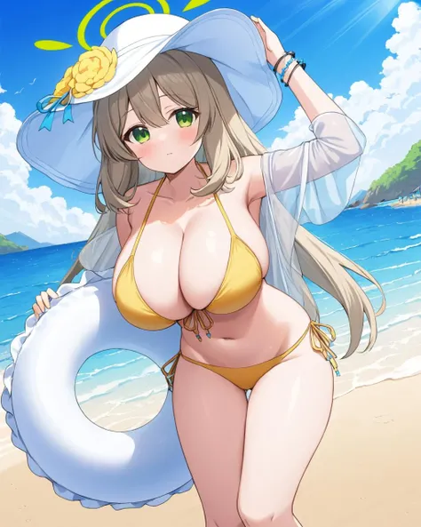 nonomi \(blue archive\),1girl, yellow_bikini, solo, sun_hat, halo, outdoors, navel, holding_innertube, looking_at_viewer, cleavage, see-through, beach, armpits, huge_breasts, arm_up, bracelet, side-tie_bikini_bottom, day, blush, white_headwear, ocean, blue_sky, official_alternate_costume, hat_flower, collarbone, stomach, front-tie_bikini_top, yellow_flower, thighs, cloud
<lora:nonomi_(blue_archive)_image377_batch3_v1-000040:1>,halo,. gorgeous,key visual, vibrant, studio anime,award-winning, professional, highly detailed,high budget, cinemascope